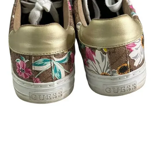 Guess Loven Sneakers Women's Size 9.5 M Casual Lace-up Logo Brown Pink Floral - Picture 7 of 15